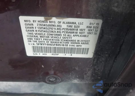 2015 Honda Pilot Ex-L z USA, uszkodzony, nr VIN 5FNYF4H65FB051618